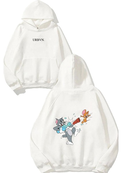 Tom Jerry Play Tasarım Baskılı Oversize Beyaz Kapüşonlu Sweatshirt