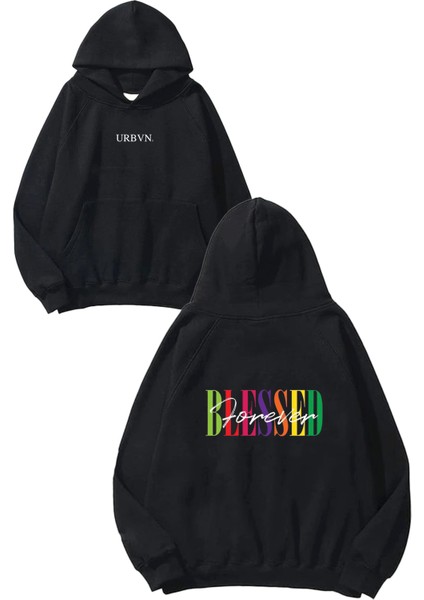Blessed Renkli Tasarım Baskılı Oversize Siyah Kapüşonlu Sweatshirt