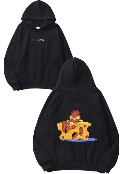 Garfield Cheese Tasarım Baskılı Oversize Siyah Kapüşonlu Sweatshirt