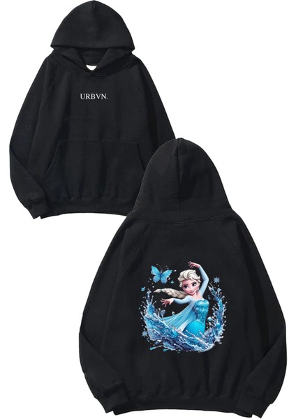 Elsa Tasarım Baskılı Oversize Siyah Kapüşonlu Sweatshirt