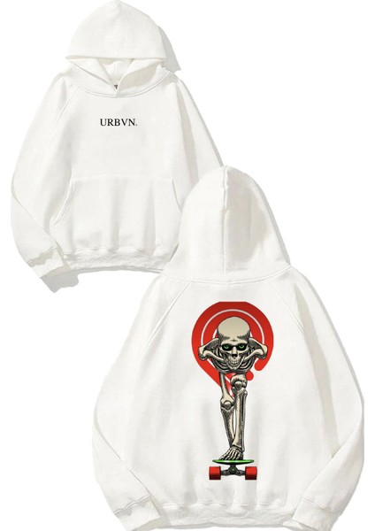 Kaykay Kurukafa Tasarım Baskılı Oversize Beyaz Kapüşonlu Sweatshirt