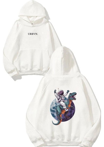 Space Dinasour Tasarım Baskılı Oversize Beyaz Kapüşonlu Sweatshirt