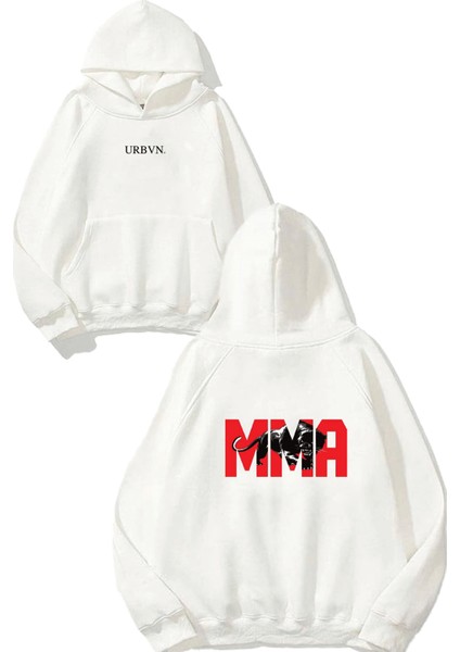Mma Panther Tasarım Baskılı Oversize Beyaz Kapüşonlu Sweatshirt