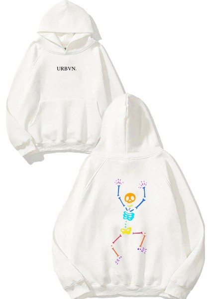 Rainbow Skeleton Tasarım Baskılı Oversize Beyaz Kapüşonlu Sweatshirt