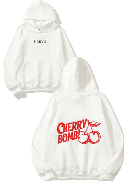 Chery Bomb Tasarım Baskılı Oversize Beyaz Kapüşonlu Sweatshirt
