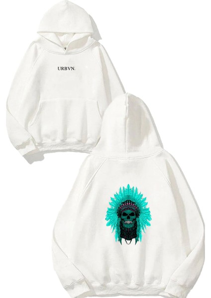 Kızılderili 1 Tasarım Baskılı Oversize Beyaz Kapüşonlu Sweatshirt