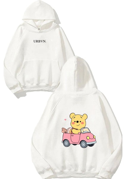 Winnie Car Tasarım Baskılı Oversize Beyaz Kapüşonlu Sweatshirt