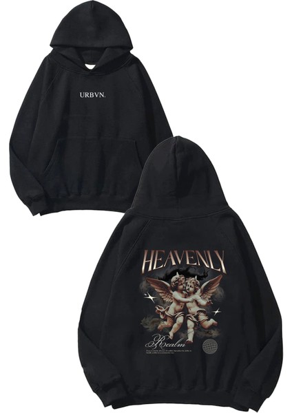 Heavenly Tasarım Baskılı Oversize Siyah Kapüşonlu Sweatshirt