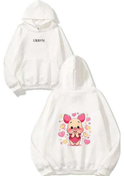 Cute Piglet Tasarım Baskılı Oversize Beyaz Kapüşonlu Sweatshirt