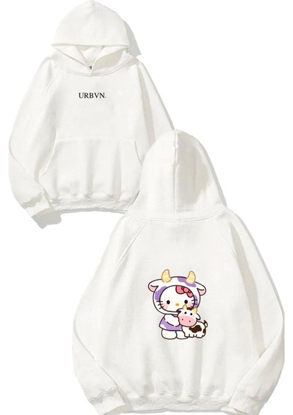 Hellokitty Cow Tasarım Baskılı Oversize Beyaz Kapüşonlu Sweatshirt