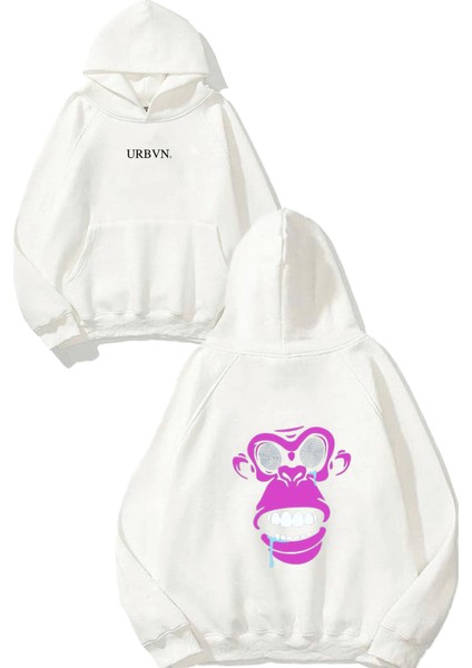 Monkey Face Tasarım Baskılı Oversize Beyaz Kapüşonlu Sweatshirt