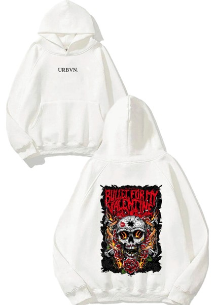 Bullet Tasarım Baskılı Oversize Beyaz Kapüşonlu Sweatshirt