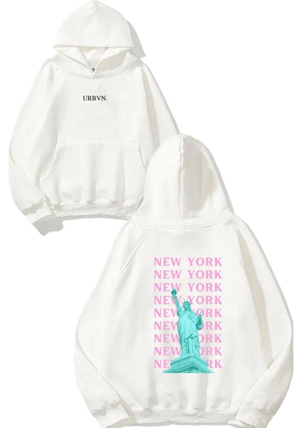 New York Pembe Tasarım Baskılı Oversize Beyaz Kapüşonlu Sweatshirt