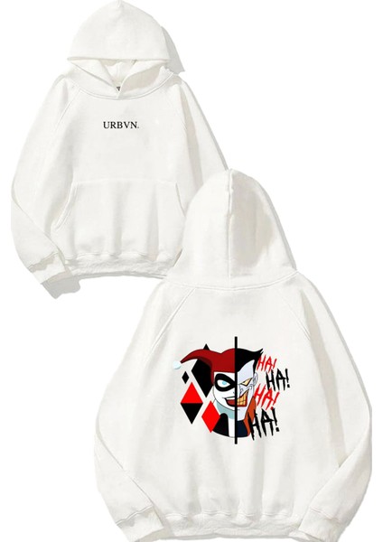 Joker Harley Tasarım Baskılı Oversize Beyaz Kapüşonlu Sweatshirt