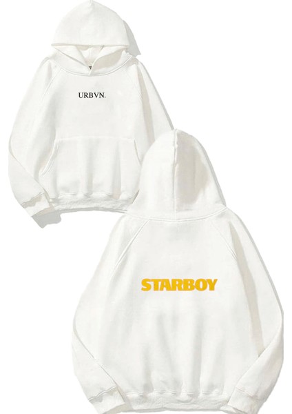 Star Boy Tasarım Baskılı Oversize Beyaz Kapüşonlu Sweatshirt