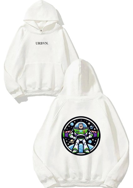 Buzz Lightyear Tasarım Baskılı Oversize Beyaz Kapüşonlu Sweatshirt
