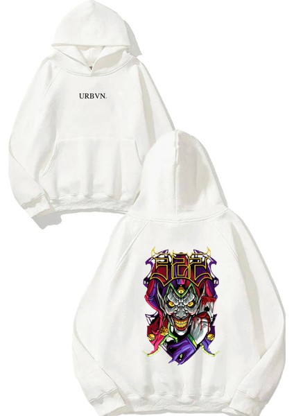Joker Smile Tasarım Baskılı Oversize Beyaz Kapüşonlu Sweatshirt
