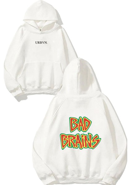 Bad Brains Tasarım Baskılı Oversize Beyaz Kapüşonlu Sweatshirt