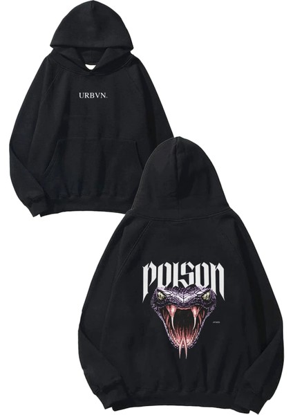 Poison Tasarım Baskılı Oversize Siyah Kapüşonlu Sweatshirt