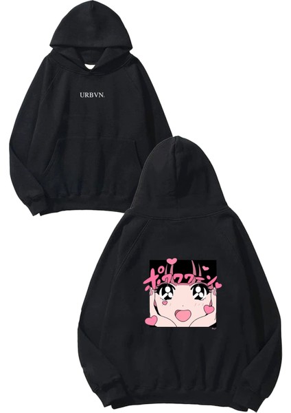 Kalpli Anime Tasarım Baskılı Oversize Siyah Kapüşonlu Sweatshirt
