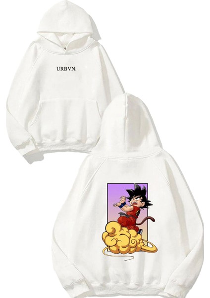 Anime Storm Tasarım Baskılı Oversize Beyaz Kapüşonlu Sweatshirt