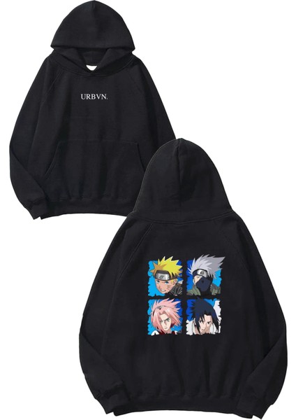 Anime Karakter Tasarım Baskılı Oversize Siyah Kapüşonlu Sweatshirt