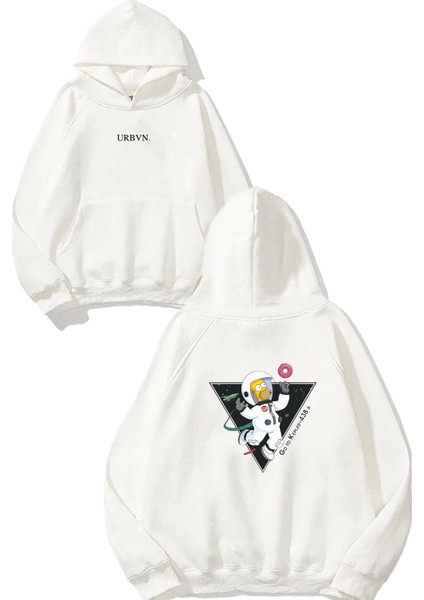 Simpson Uzay Tasarım Baskılı Oversize Beyaz Kapüşonlu Sweatshirt