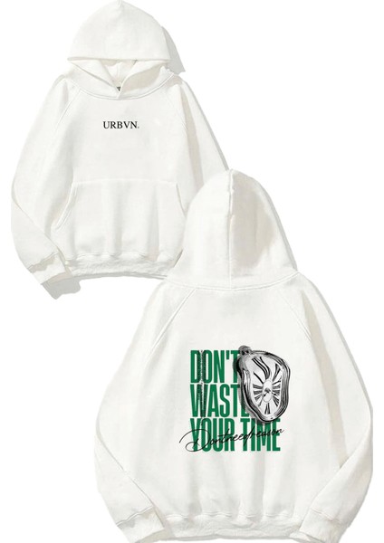 Waste Time Tasarım Baskılı Oversize Beyaz Kapüşonlu Sweatshirt