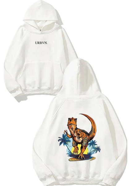 Trex Tasarım Baskılı Oversize Beyaz Kapüşonlu Sweatshirt