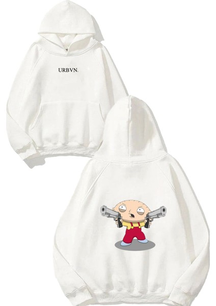 Guy Gun Tasarım Baskılı Oversize Beyaz Kapüşonlu Sweatshirt