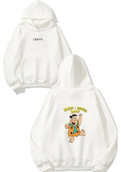 Fred 1 Tasarım Baskılı Oversize Beyaz Kapüşonlu Sweatshirt