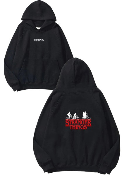Stranger Things Tasarım Baskılı Oversize Siyah Kapüşonlu Sweatshirt