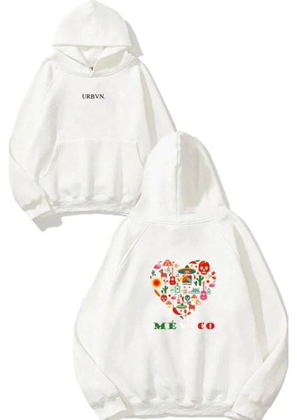 Mexico 1 Tasarım Baskılı Oversize Beyaz Kapüşonlu Sweatshirt