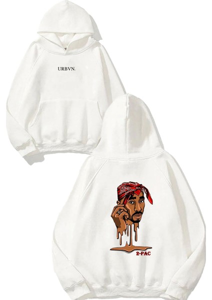 2 Pac Tasarım Baskılı Oversize Beyaz Kapüşonlu Sweatshirt