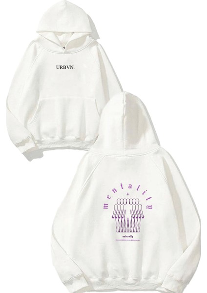Human Mentality Tasarım Baskılı Oversize Beyaz Kapüşonlu Sweatshirt