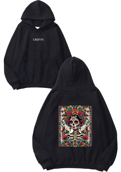 Mexican Girl Tasarım Baskılı Oversize Siyah Kapüşonlu Sweatshirt