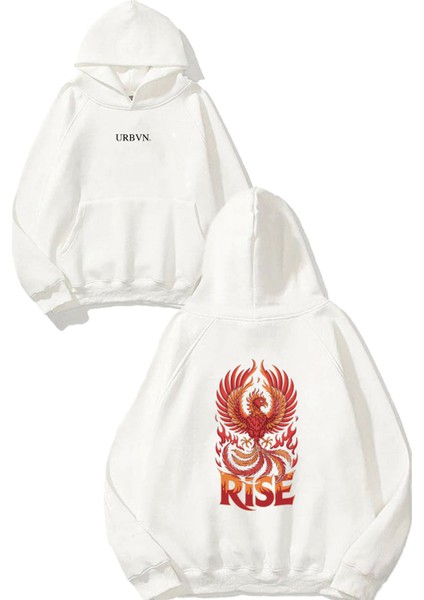 Rise Tasarım Baskılı Oversize Beyaz Kapüşonlu Sweatshirt