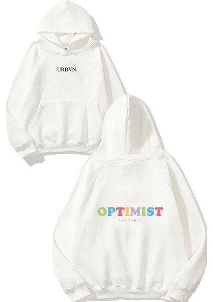 Optimist Life Tasarım Baskılı Oversize Beyaz Kapüşonlu Sweatshirt