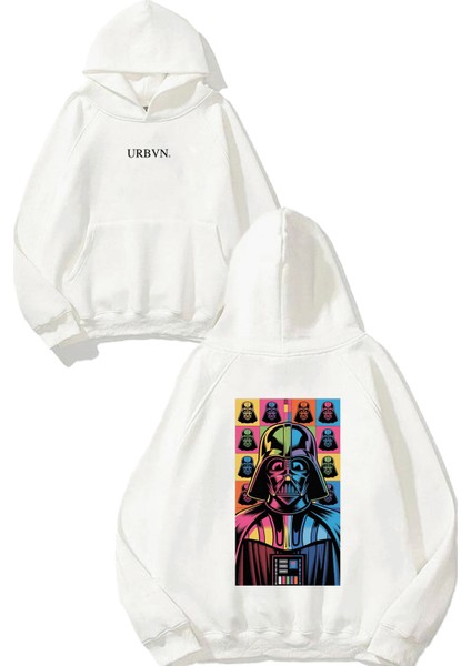 Darth Vader Renkli Tasarım Baskılı Oversize Beyaz Kapüşonlu Sweatshirt