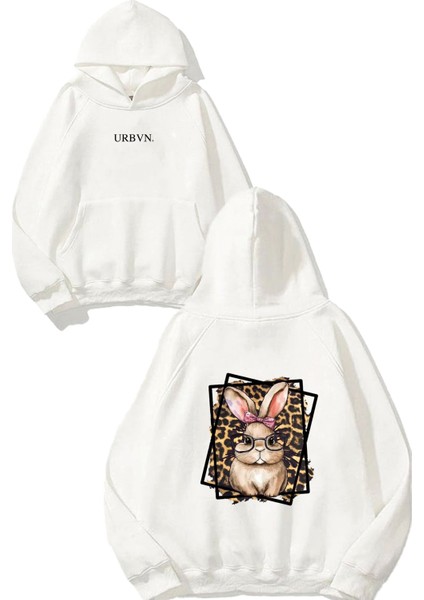 Leopar Tavşan Tasarım Baskılı Oversize Beyaz Kapüşonlu Sweatshirt