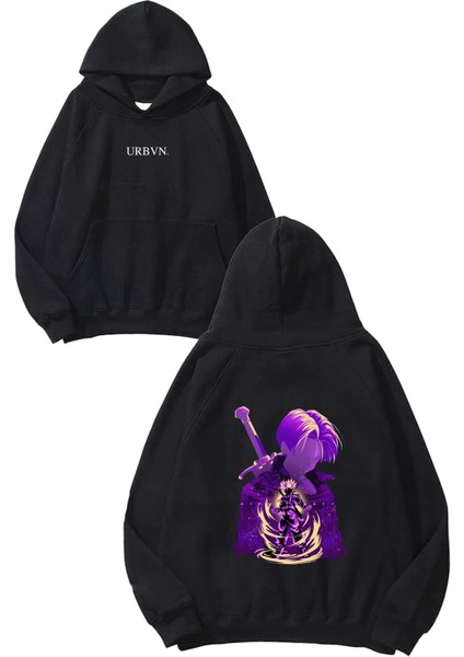 Purple Anime Tasarım Baskılı Oversize Siyah Kapüşonlu Sweatshirt
