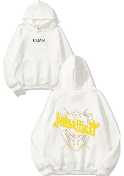 Judas Pries Tasarım Baskılı Oversize Beyaz Kapüşonlu Sweatshirt