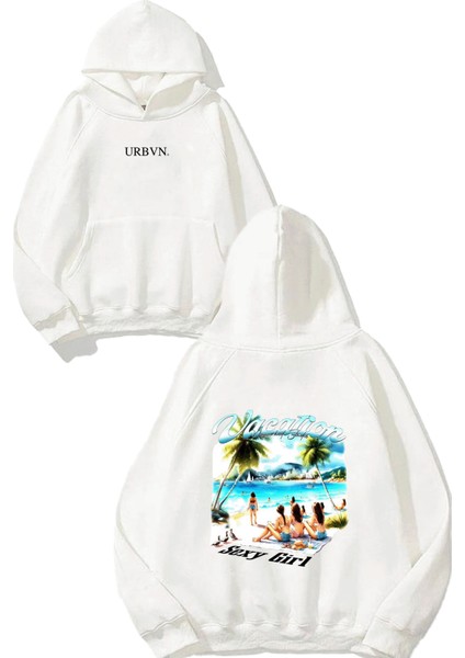 Vacation Tasarım Baskılı Oversize Beyaz Kapüşonlu Sweatshirt