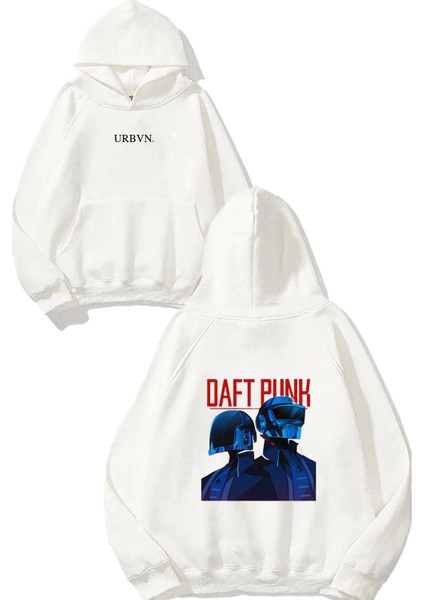 Daft Punk Head Tasarım Baskılı Oversize Beyaz Kapüşonlu Sweatshirt