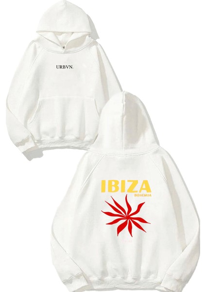 Ibıza Tasarım Baskılı Oversize Beyaz Kapüşonlu Sweatshirt
