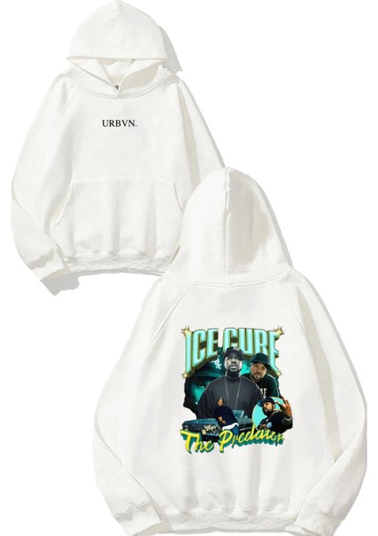 Ice Cube Tasarım Baskılı Oversize Beyaz Kapüşonlu Sweatshirt