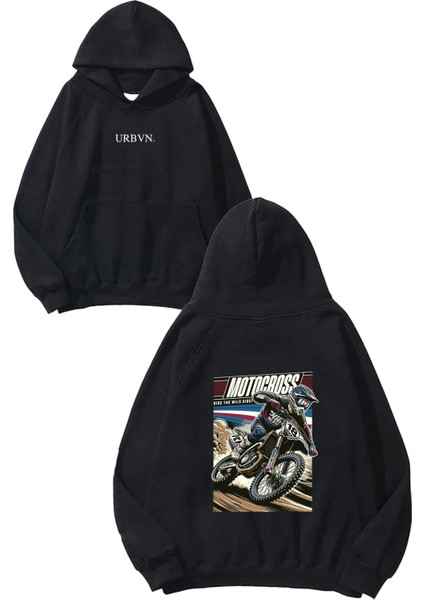 Moto Cross Tasarım Baskılı Oversize Siyah Kapüşonlu Sweatshirt