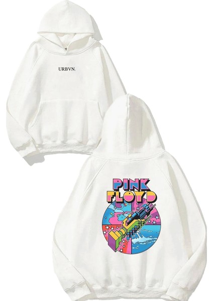 Pink Floyd Tasarım Baskılı Oversize Beyaz Kapüşonlu Sweatshirt