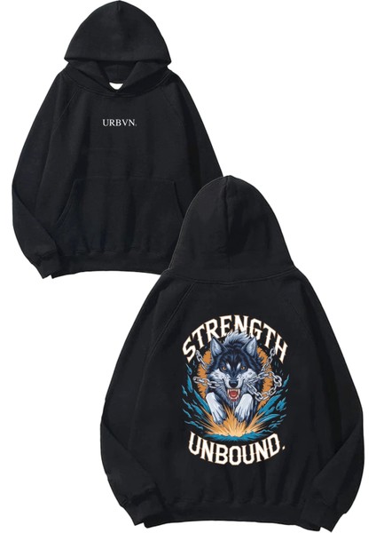 Strength Unbound Tasarım Baskılı Oversize Siyah Kapüşonlu Sweatshirt