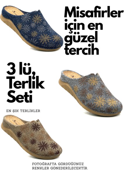 Kadın Ev Terliği – 3 Lü Set Poli Taban Hafif Tabanlı Sıcak Tutan Ev Terliği